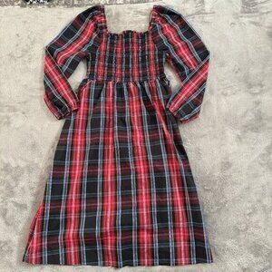 Draper James Smocked Midi Plaid Dress M Square Neck Pockets Red Black